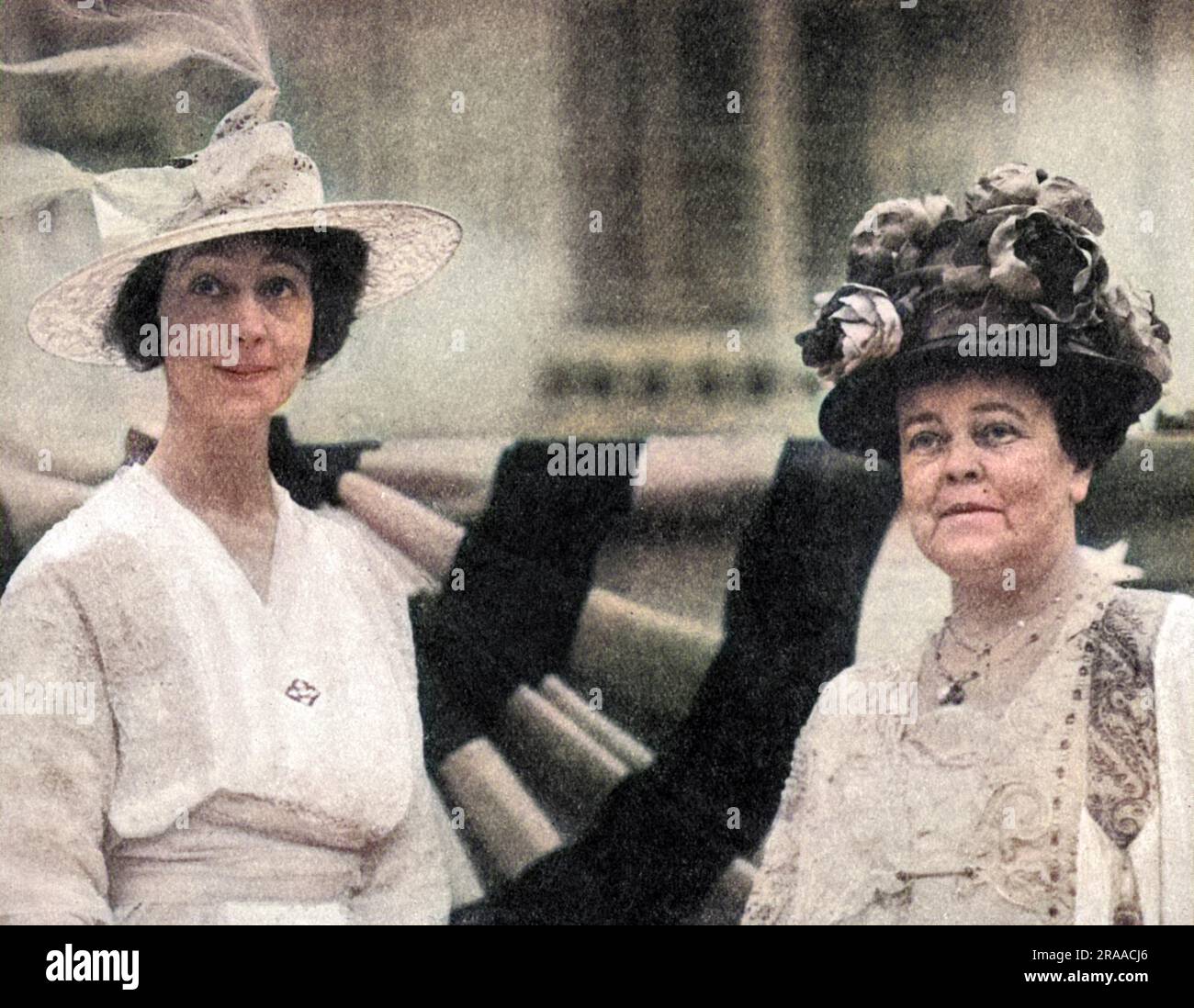 Consuelo, Duchess of Marlborough, formerly Consuelo Vanderbilt (1877 - 1964), American heiress and first wife of Charles Spencer-Churchill, 9th Duke of Marlborough pictured with Mrs O. H. P. Belmont, campaigner for women's suffrage in American, with whom the Duchess was staying at Marble House, Newport.     Date: 1914 Stock Photo