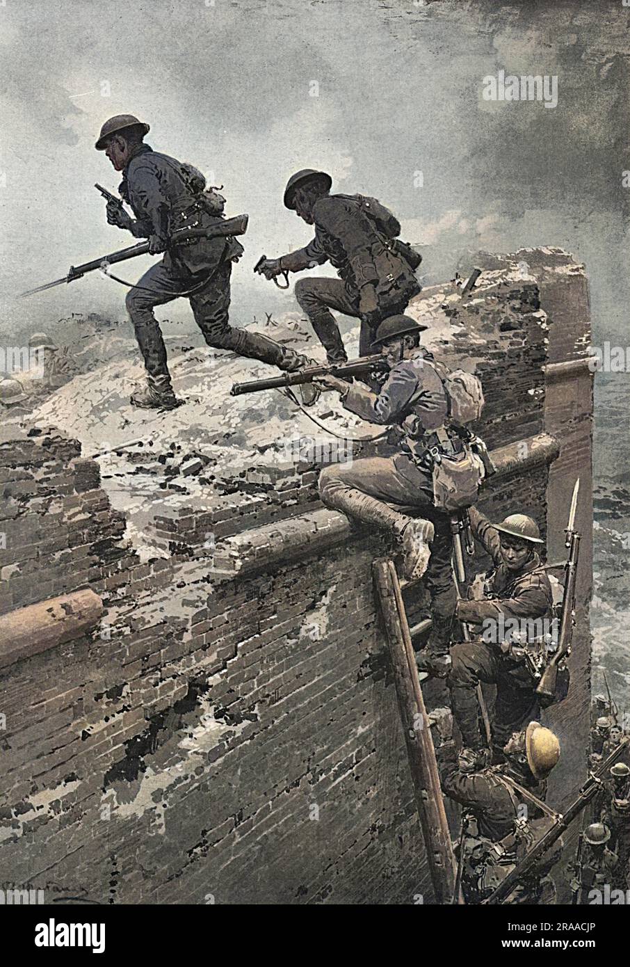 New Zealand troops scale the walls of the French town of Le Quesnoy. In their last major action of the war, the New Zealanders successfully took the town that had been occupied by German forces since August 1914     Date: 04-Nov-18 Stock Photo