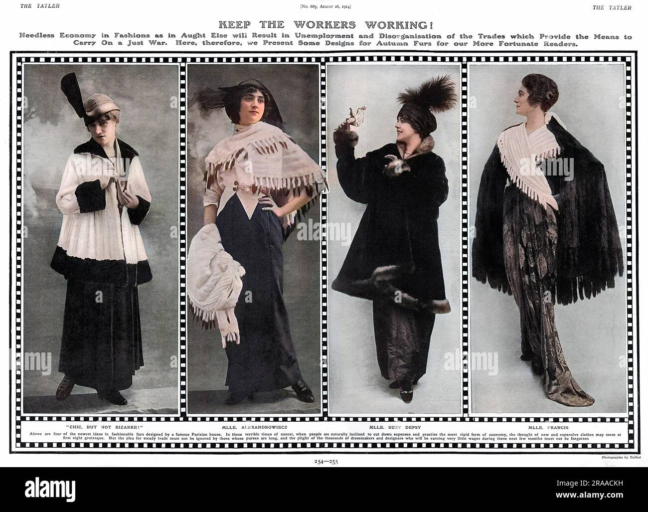 A spread from The Tatler featuring four designs for fur coats from a Parisian design house and ladies to continue to buy luxury fashion in wartime.  It states that even though the 'thought of new and expensive clothes may seem at first sight grotesque...But the plea for steady trade must not be ignored by those whose purses are long, and plight of the thousands of dressmakers and designers who will be earning very little wages during these next few months must not be forgotten.'     Date: 1914 Stock Photo