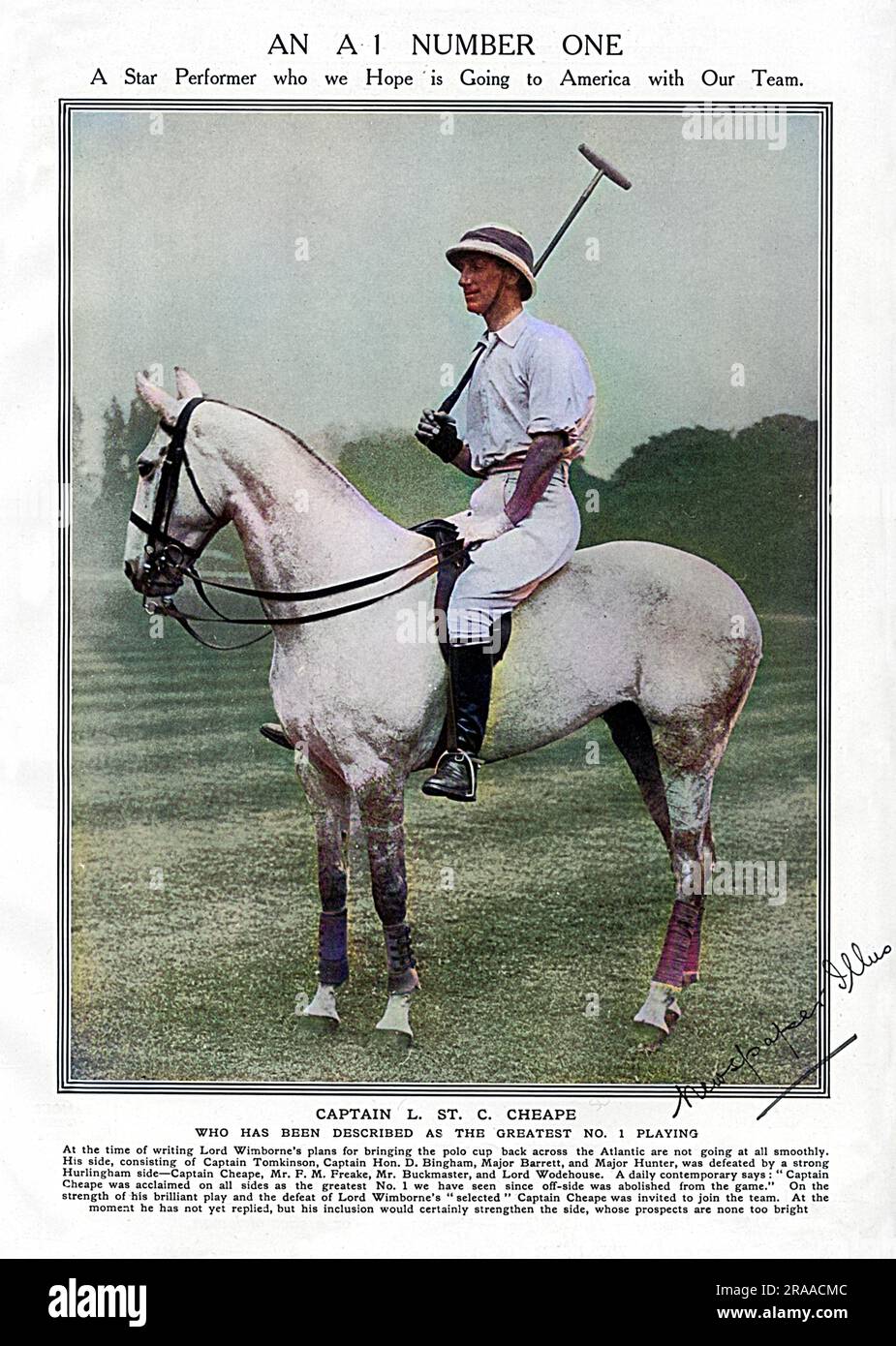 Captain Leslie St. Clair Cheape (1882-1916), British soldier and polo player dubbed, 'England's greatest polo player'. He played for England in the Westchester Cup three times in 1911, 1913 and 1914. He was killed on 23 April 1916 while commanding a squadron of the Worcestershire Yeomanry in Egypt.  Pictured in The Tatler in 1914, and described as 'a star performer who we hope is going to American with our team.' Cheape did go and was pivotal in helping England win their historic victory over their American rivals in the International Polo Trophy (Westchester Cup), despite being impeded by bro Stock Photo