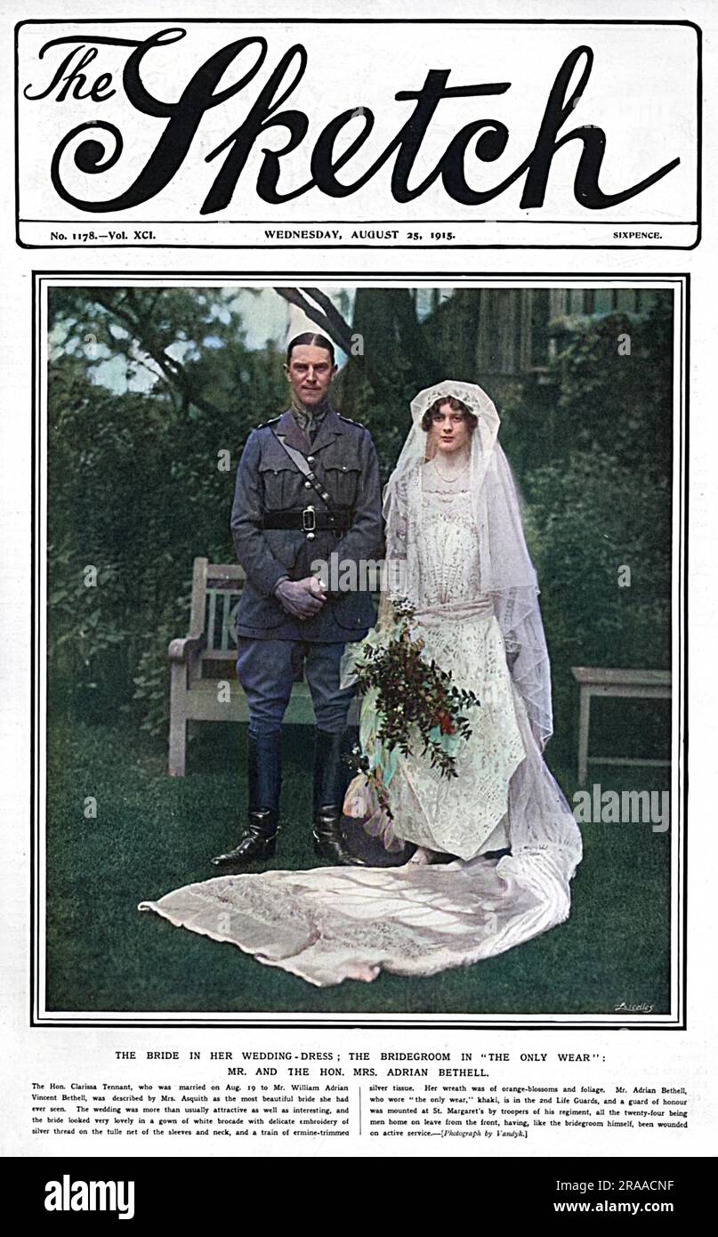 The wedding of Mr William Adrian Vincent Bethell to the Hon. Clarissa Tennant on 19 August 1915, featured on the front cover of The Sketch magazine.  The bride wore a gown of white brocade with delicate embroidery of silver thread on the tulle net of the sleeves and neck and a train of ermine trimmed silver tissue.  The groom wore, 'the only wear,' in other words, khaki as he was in the 2nd Life Guards.     Date: 1915 Stock Photo