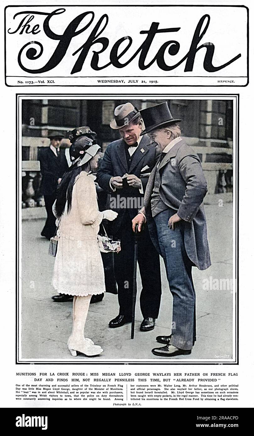 David Lloyd George, Minister for Munitions and future Prime Minister, pictured on the front cover of The Sketch magazine being waylaid by his daughter, Megan who was selling tricolour flags for French Flag Day.  Unfortunately, although Megan had great success collecting that day, her father had already given all his 'munitions' to the French Red Cross fund by obtaining a flag from another vendor.     Date: 1915 Stock Photo