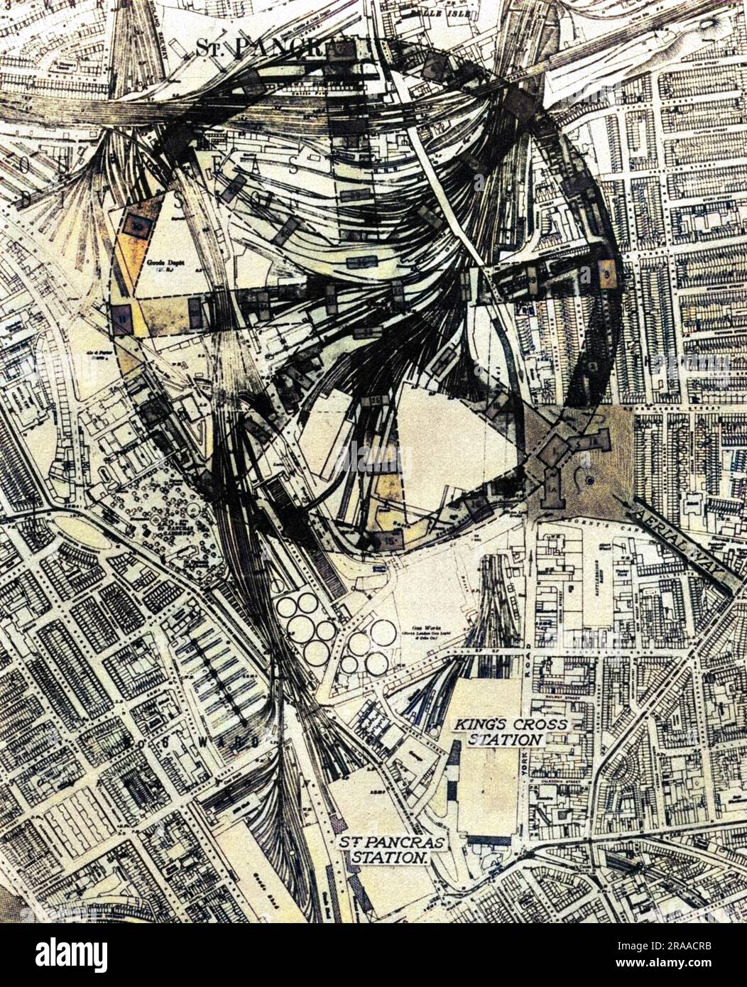 A suggested central London air terminus at Kings Cross, combined with a railway, road goods terminus and a large station for motor coaches and omnibuses. Aeroplanes can be seen landing on the runways of a huge wheel like structure in this impressionistic sketch.     Date: 1931 Stock Photo