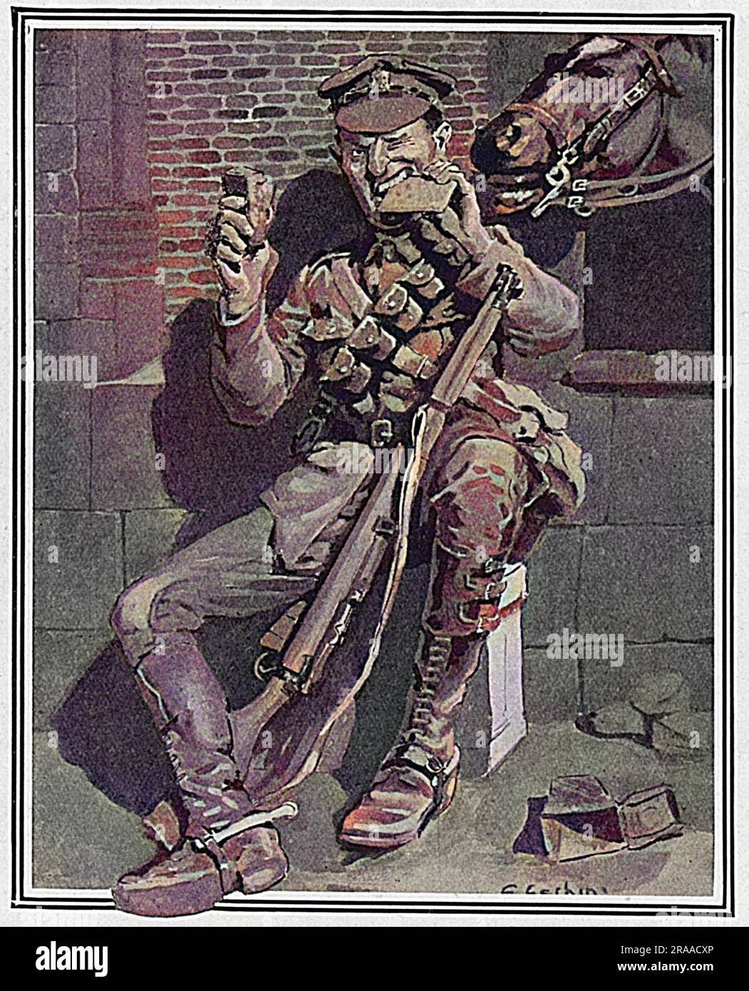 A humorous cartoon by a serving soldier, Sapper E. G. Eschini showing a British soldier gnawing at the tough and unpalatable biscuits and beef, typical rations during the First World War.     Date: 1917 Stock Photo