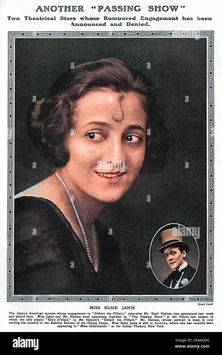 Elsie Janis (March 16, 1889 – February 26, 1956), American singer, songwriter, actress, and screenwriter. Entertaining the troops during World War I immortalized her as 'the sweetheart of the AEF' (American Expeditionary Force). Inset is a picture of Basil Hallam, born Basil Hallam Radford (1889-1916), English actor and singer, best-known for his role of Gilbert the Filbert, Colonel of the Nuts in the 1915 revue, The Passing Show. Basil joined the Royal Flying Corps in the Army Kite Balloon Section. He died in August 1916 as his balloon drifted towards enemy lines and his parachute became enta Stock Photo