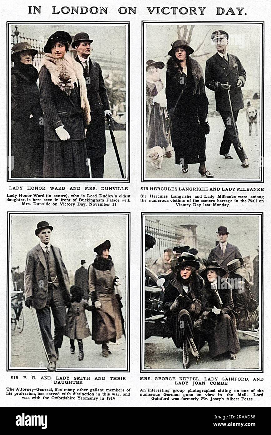 Snapshots of prominent members of society out in London to celebrate the signing of the armistice on 11 November 1918, ending the First World War.  Top left shows Lady Honor Ward, Lord Dudley's eldest daughter in front  of Buckingham Palace with Mrs Dunville.  Top right is Mr Hercules Langrishe with Lady Milbanke, bottom right shows Mrs George Keppel (former mistress of King Edward VII) with Lady Gainford and Lady Joan Combe sitting on one of the numerous German guns on view in the Mall and bottom left shows F. E Smith (Lord Birkenhead), the Attorney-General and best friend of Winston Churchil Stock Photo
