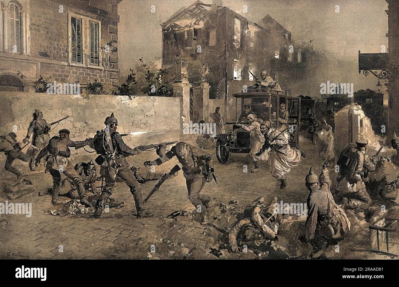 The taxicab in war. German occupiers of the town of Senlis, in France, in World War One, surprised by a dash of Turcos (native French colonial Algerian troops) who whirled into the town in taxicabs.     Date: 1914 Stock Photo