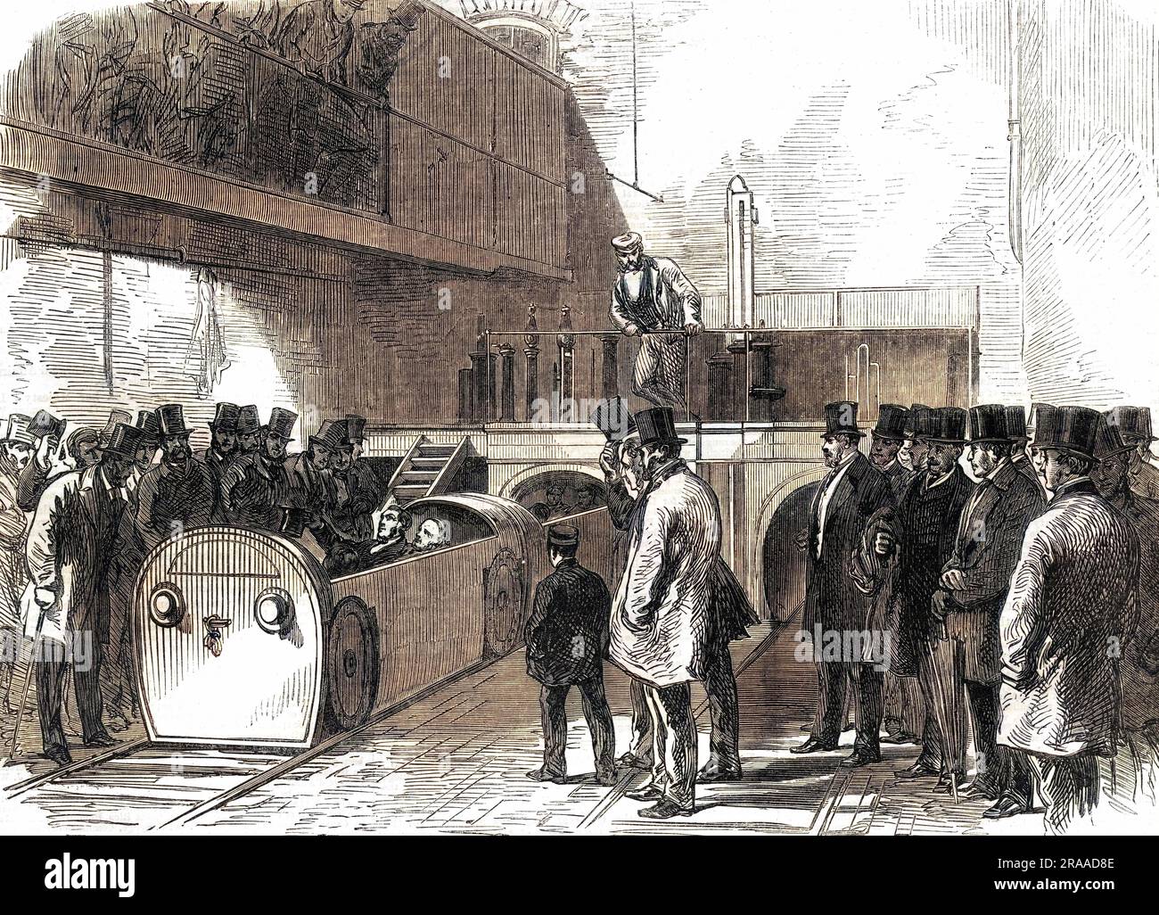 The pneumatic despatch tube: the Holborn end of the tube on the opening day of the line between Euston Square and Holborn.     Date: 1865 Stock Photo