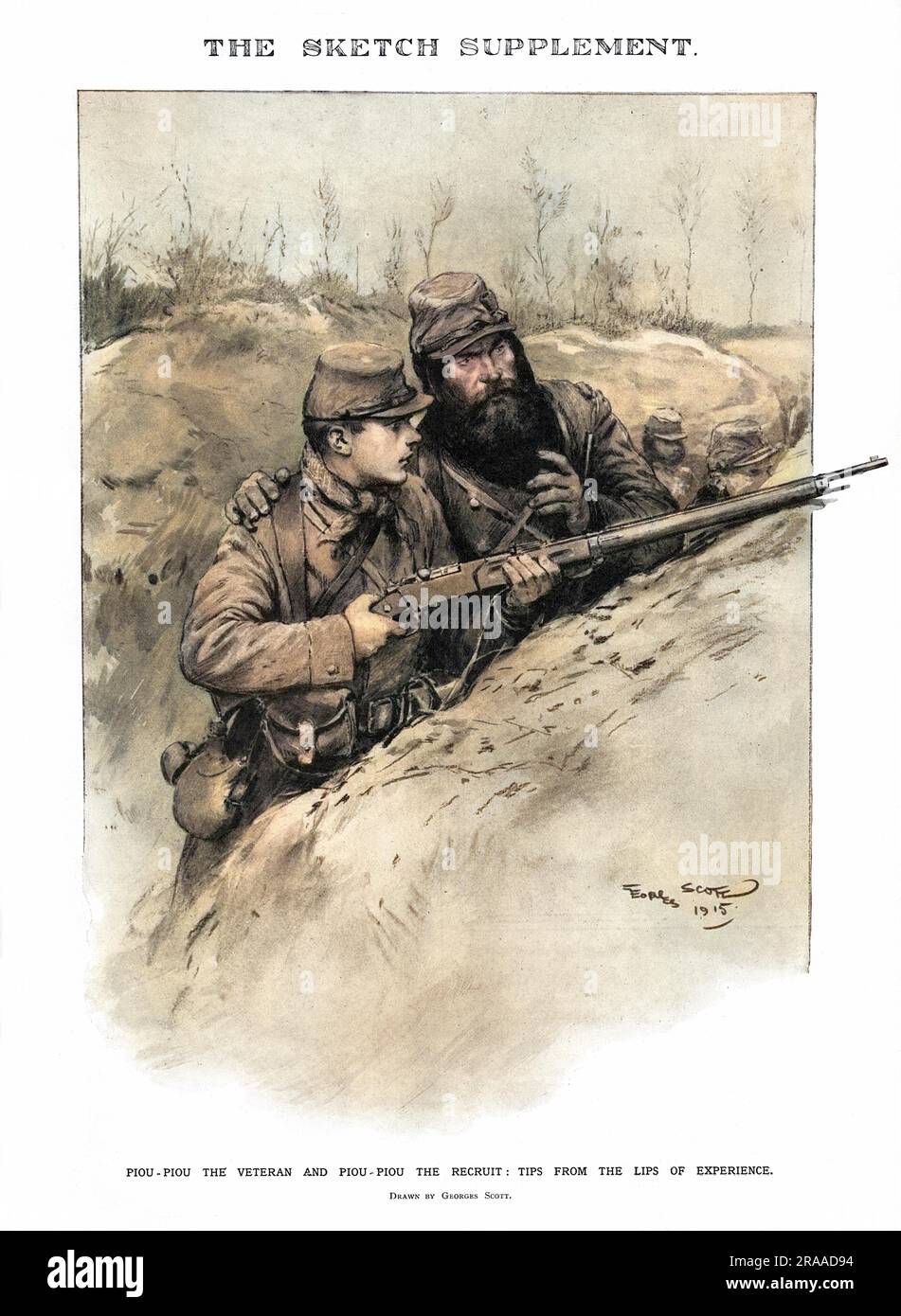 Piou-Piou the veteran and Piou-Piou the recruit: Tips from the Lips of Experience.  An old, experienced hand takes a new recruit under his wing in the French trenches.     Date: 1915 Stock Photo