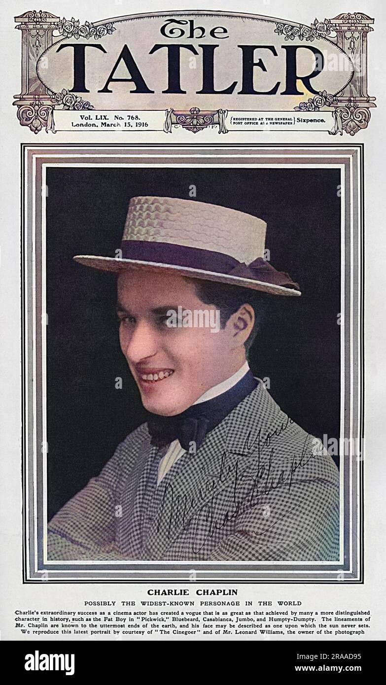 Front cover of The Tatler featuring a portrait of Charlie Chaplin (Sir Charles Spencer) English comedian and actor (1889-1977).  Chaplin was the biggest film star of the Great War period, a fact confirmed by The Tatler who describe him as, 'possibly the widest-known personage in the world.'     Date: 1916 Stock Photo