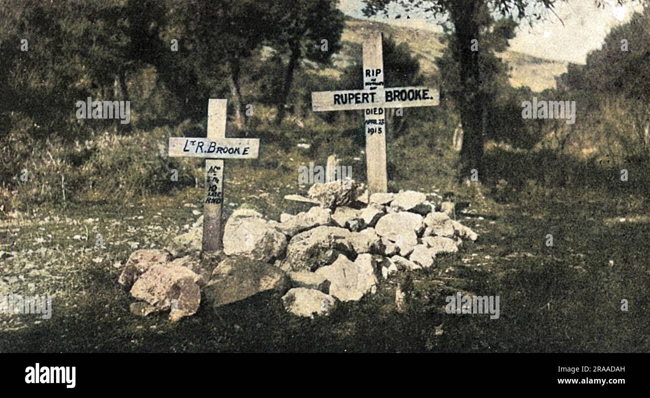 Crosses on the Greek island of Skyros marking the grave of the English poet, Rupert Brooke (1887-1915), where he was buried having died a sea, having contracted septicaemia from an infected mosquito bite.  He had joined the Royal Naval Division.   The Sketch magazine, which published this photograph quoted his most famous, and as it turned out, prescient, lines, 'If I should die, think only this of me. That there's some corner of a foreign field.  That is for ever England.'     Date: 1918 Stock Photo