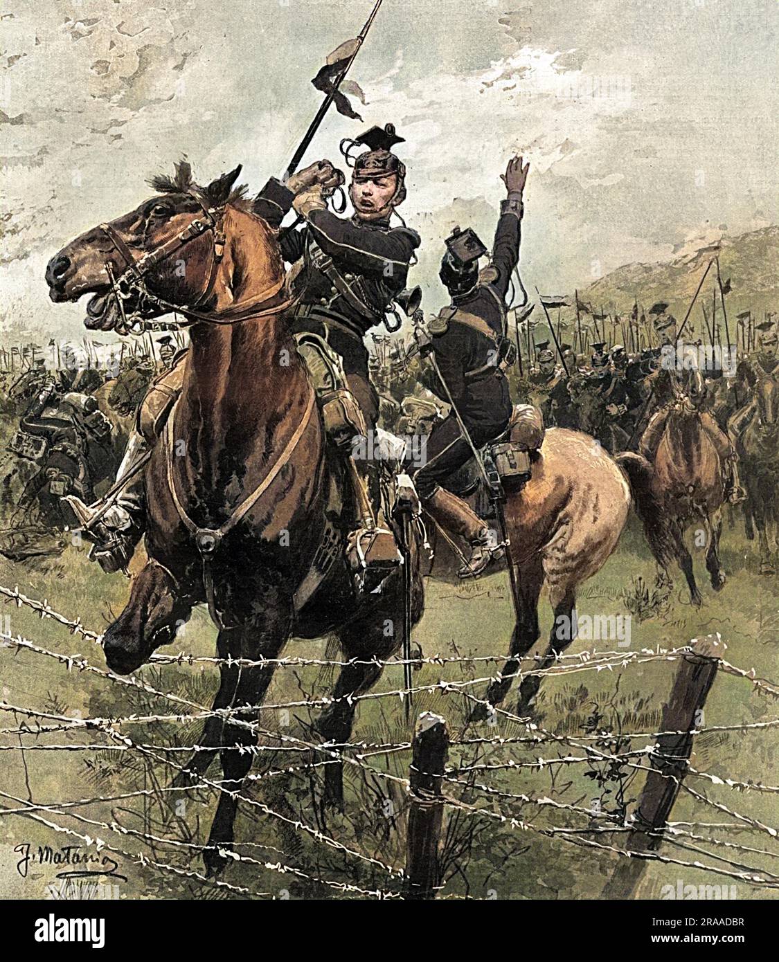 A detachment of German Uhlans charging a fort at Liege, Belgium, only to encounter the barbed wire defences constructed by order of General Liman, commander of the Belgian troops in Liege.     Date: 06-Aug-14 Stock Photo