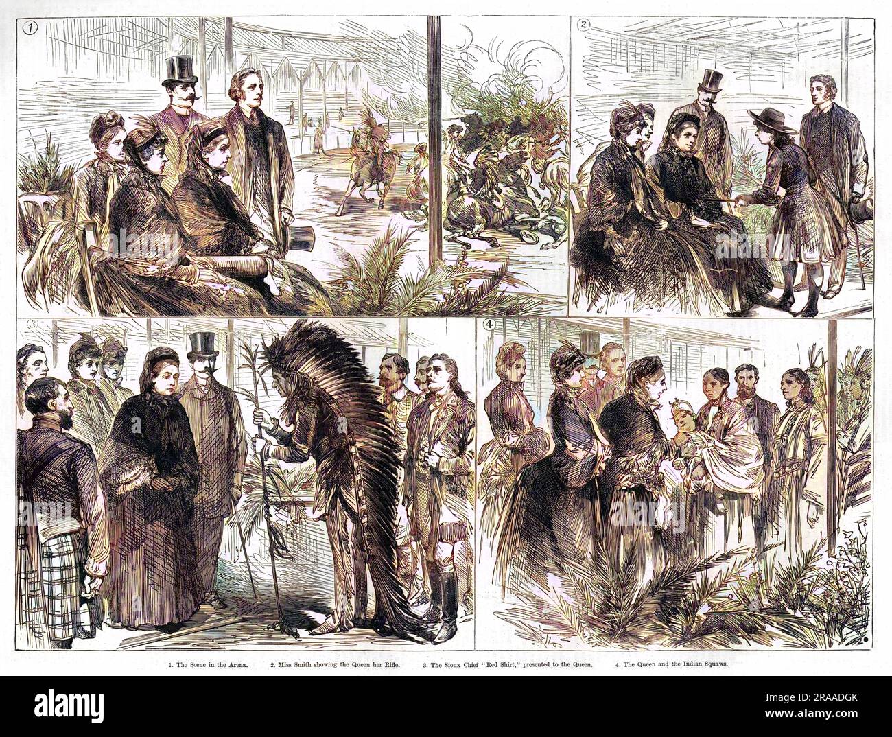 The royal visit to the Wild West Show at the Great American Exhibition in West London in 1887:  1. Queen Victoria viewing an equine spectacle in the arena  2. Miss Lilian Smith(1871–1930)showing the Queen her rifle  3. A Sioux Chief 'Red Shirt' being presented to the Queen.  4. The Queen meeting the Indian Squaws.     Date: 1887 Stock Photo