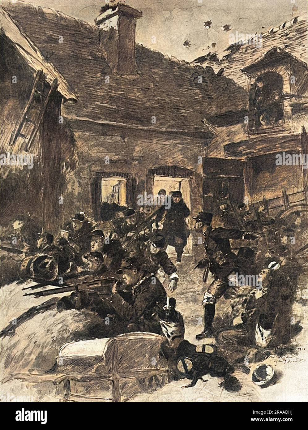 During the retreat of Allied troops towards Paris, French soldiers are awakened in the early hours by German bombardment of the cottage in La Fère where they had taken shelter. Hastily taking up positions, the French reply to the German fire for as long as possible until further retreat is unavoidable.     Date: Sep-14 Stock Photo