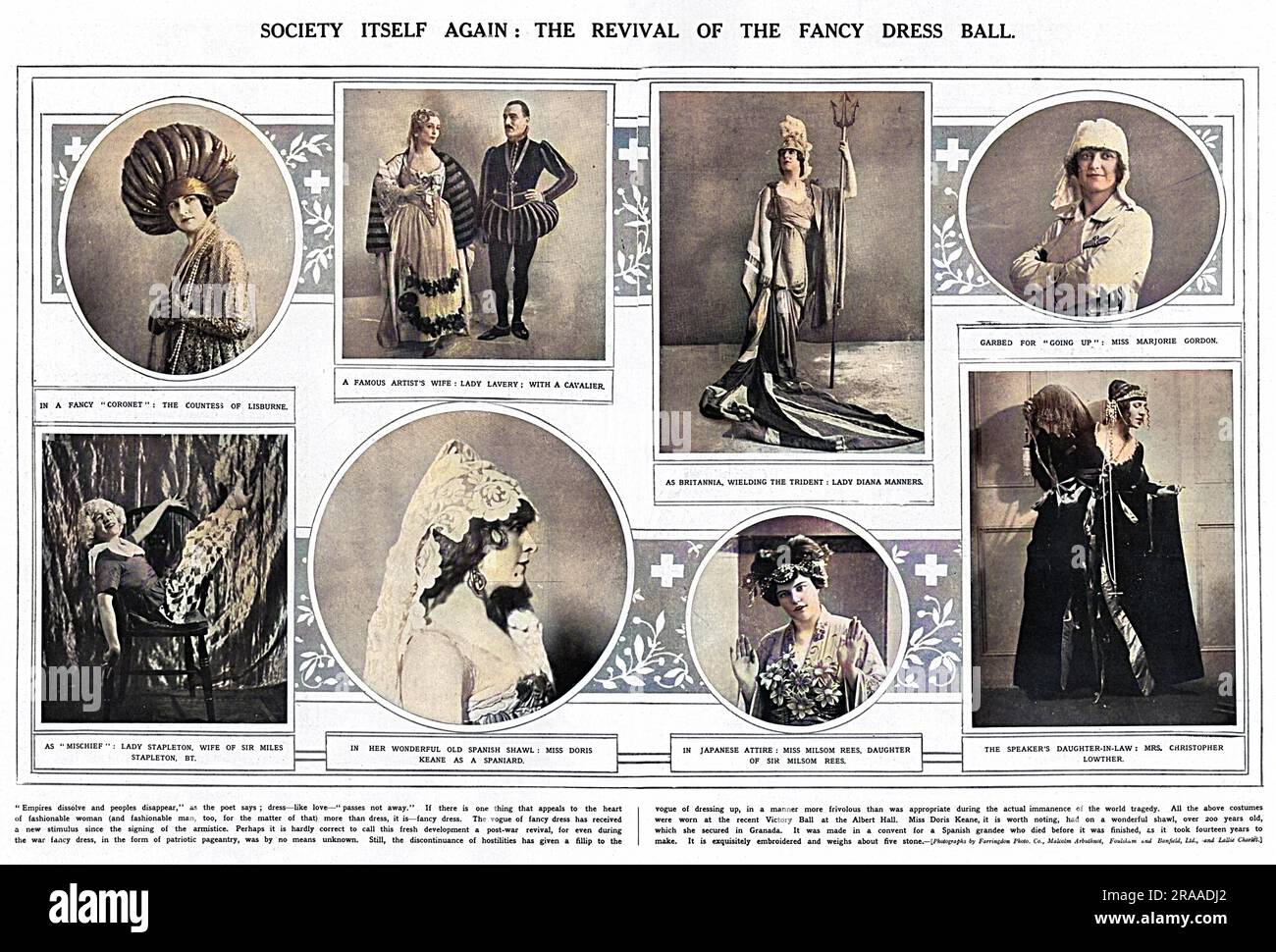 A double page spread of photographs presenting some of the notable personalities and the costumes they wore to the Victory Ball at the Albert Hall on the 27 November 1918.  The cream of society attended the event which sold 4000 tickets in aid of the Nation's Fund for Nurses.  Among the people pictured here are Hazel, Lady Lavery (one of the organisers), wife of the painter Sir John Lavery, Miss Marjorie Gordon in an aviator's outfit, the actress Doris Keane in a 200 year old Spanish lace shawl and Lady Diana Manners - who headed the grand procession - as Britannia.     Date: 1918 Stock Photo