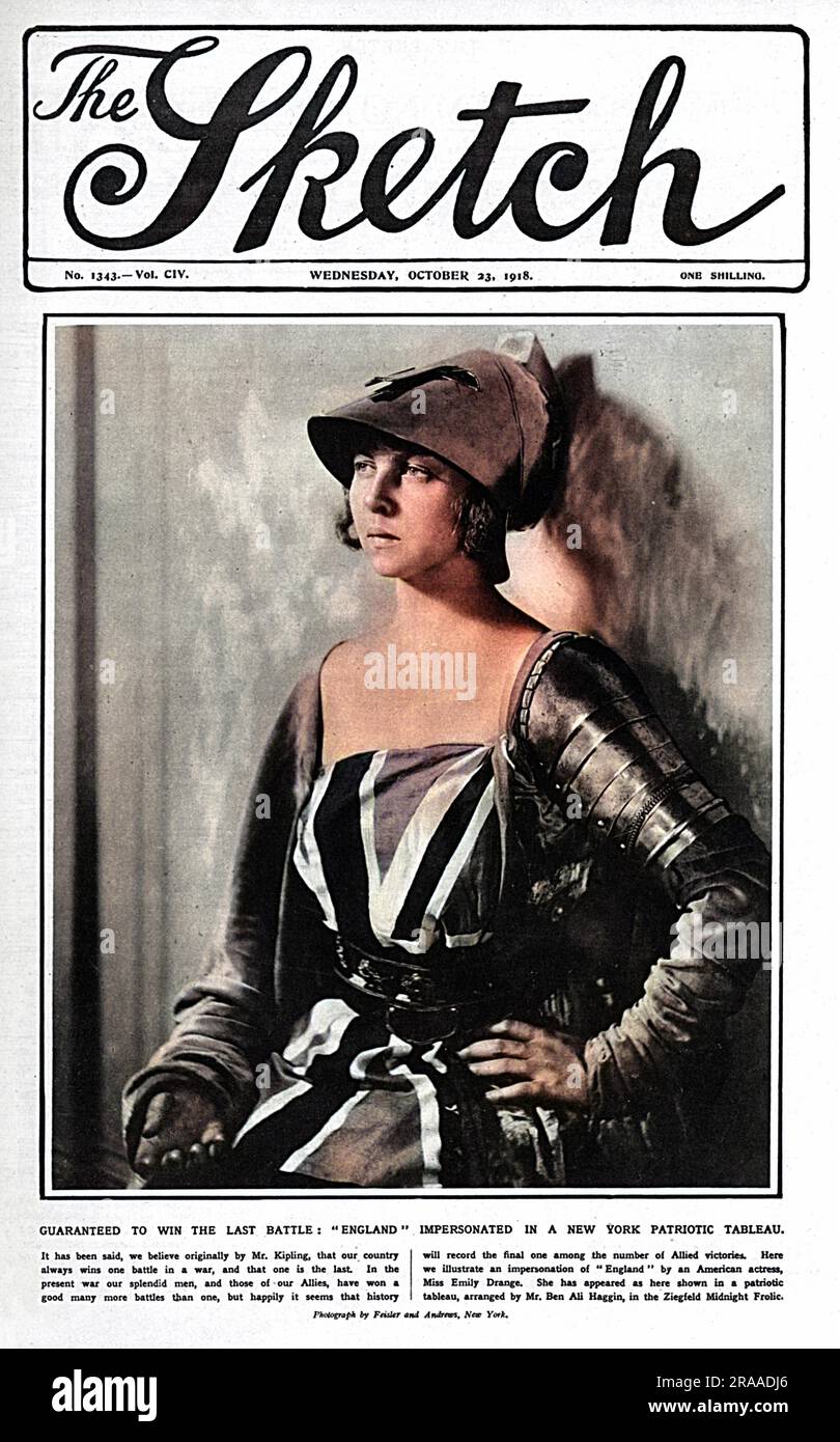 Front cover of The Sketch magazine featuring a photograph of American actress, Emily Drange in costume as Britannia.  She was part of a patriotic tableau staged in New York, arranged by Ben Ali Haggin, where well-known actresses dressed up to symbolise the Allied countries in aid of charity.     Date: 1918 Stock Photo