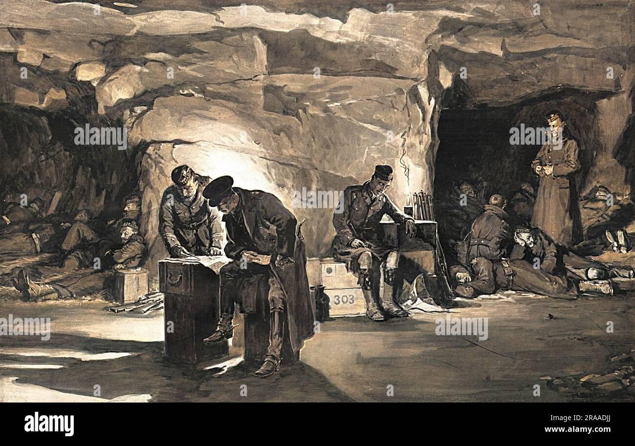 British troops resting in a disused quarry cave in the Aisne district of France. 'Most of the men when not actually in the trenches sleep and rest in these caves; they also form a mess-room for the officers. The floors are strewn with straw to give warmth ... they also served as distribution centres; ammunition, food and water could be stored here.'     Date: 1914 Stock Photo