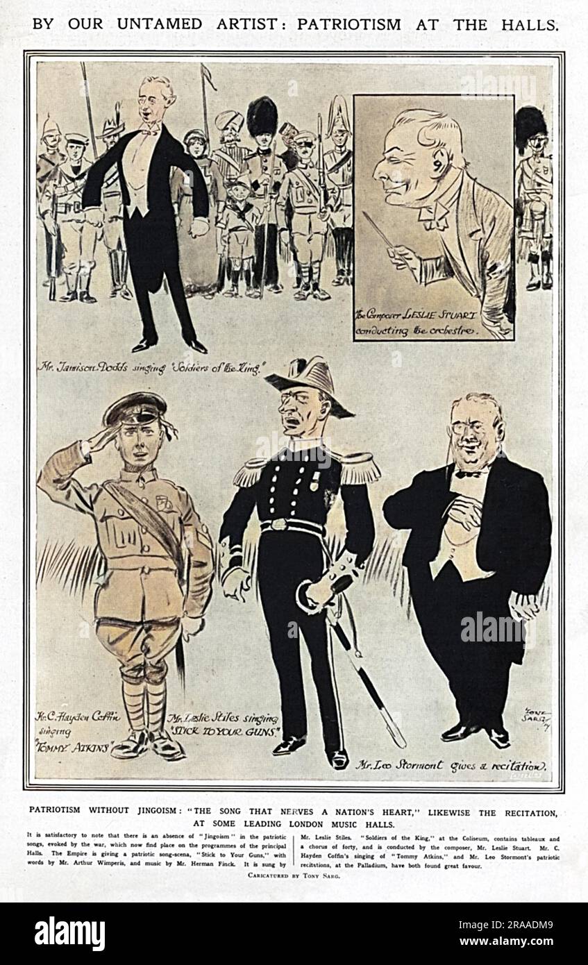Sketches by Tony Sarg showing performers at various London shows singing patriotic songs shortly after the outbreak of the First World War.  There is Mr Jamison Doggs singing Soldiers of the King at the Coliseum (conducted by the composer Leslie Stuart), Mr C Hayden Coffin singing Tommy Atkins, Leslie Stiles singing Stick to your Guns at the Empire and Leo Stormont reciting patriotic poetry and prose at the Palladium.  'It is satisfactory that there is an absence of 'Jingoism' in the patriotic songs, evoked by the war, which now find place on the programmes of the principal Halls,' comments Th Stock Photo