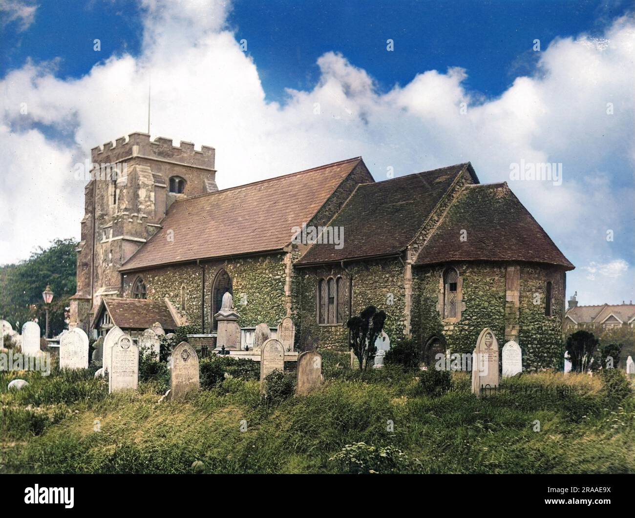 The fine old church of St. Mary Magdalen, East Ham, London, which is mainly of Norman construction, with a distintive circular apse.     Date: 11th - 12th century Stock Photo