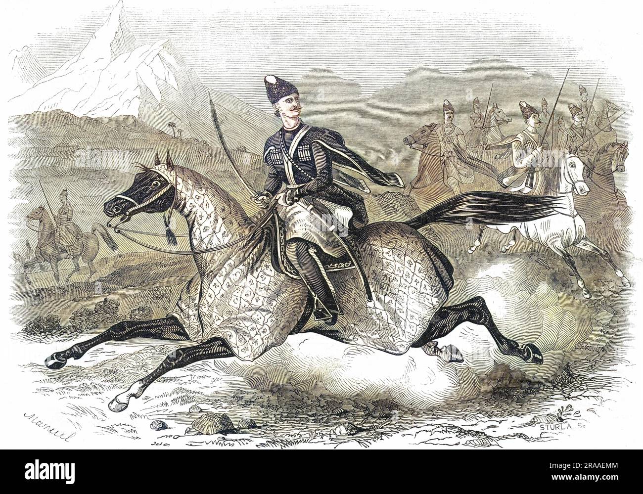 Russia is constantly having to suppress revolts in its many provinces : Shamil leads his Circassian forces into war with the Moscow government.     Date: 1846 Stock Photo