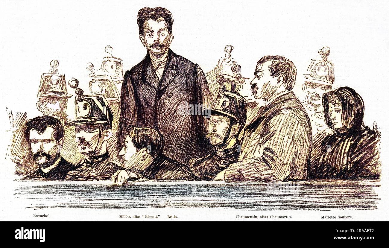 Ravachol (on left) and fellow anarchists on trial for bomb outrages