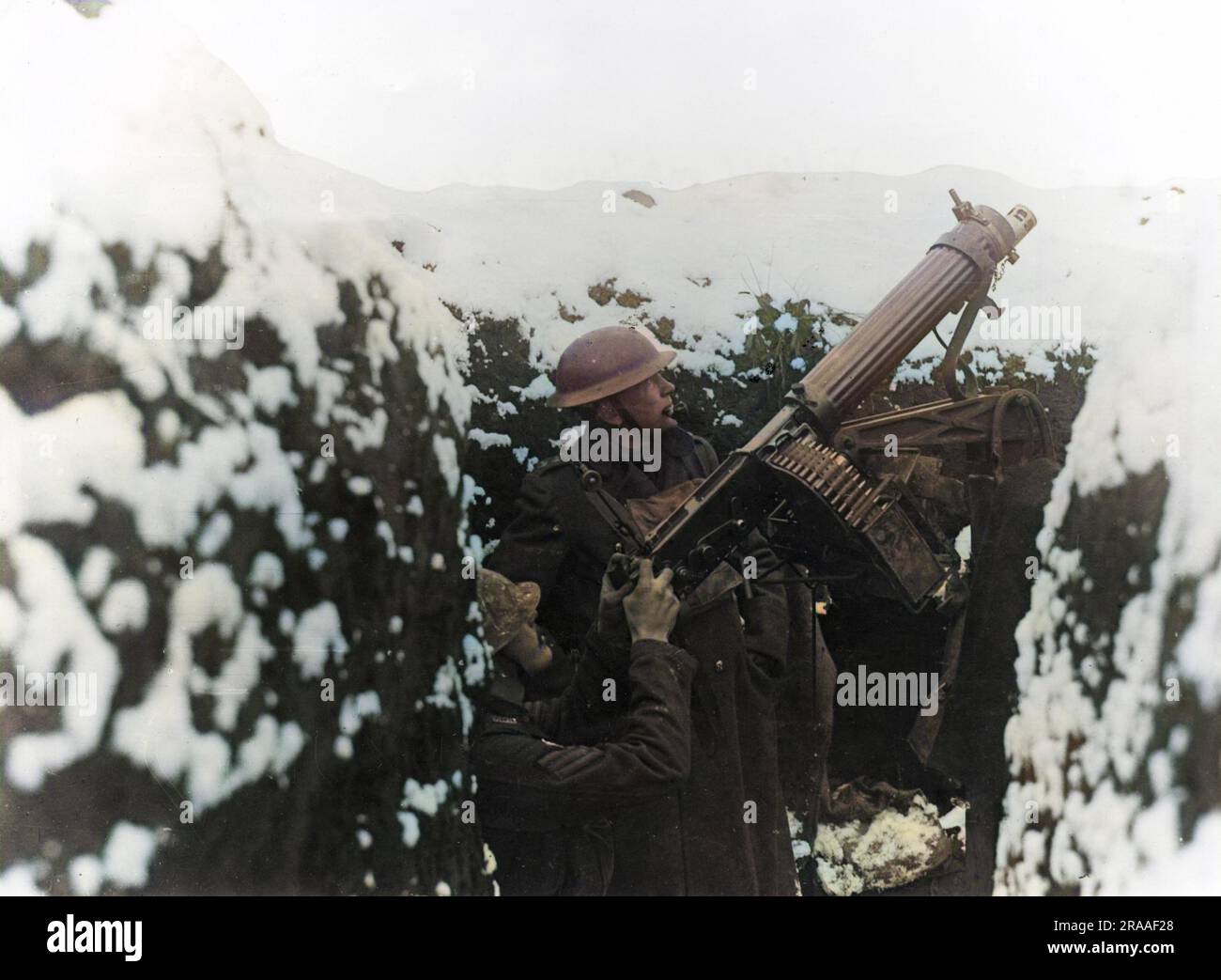 Two men of the York and Lancashire Regiment in a trench on the 62nd Division front, Oppy-Gavrelle line, northern France, during the First World War.  A Vickers machine gun is mounted for anti-aircraft firing.     Date: Jan-18 Stock Photo