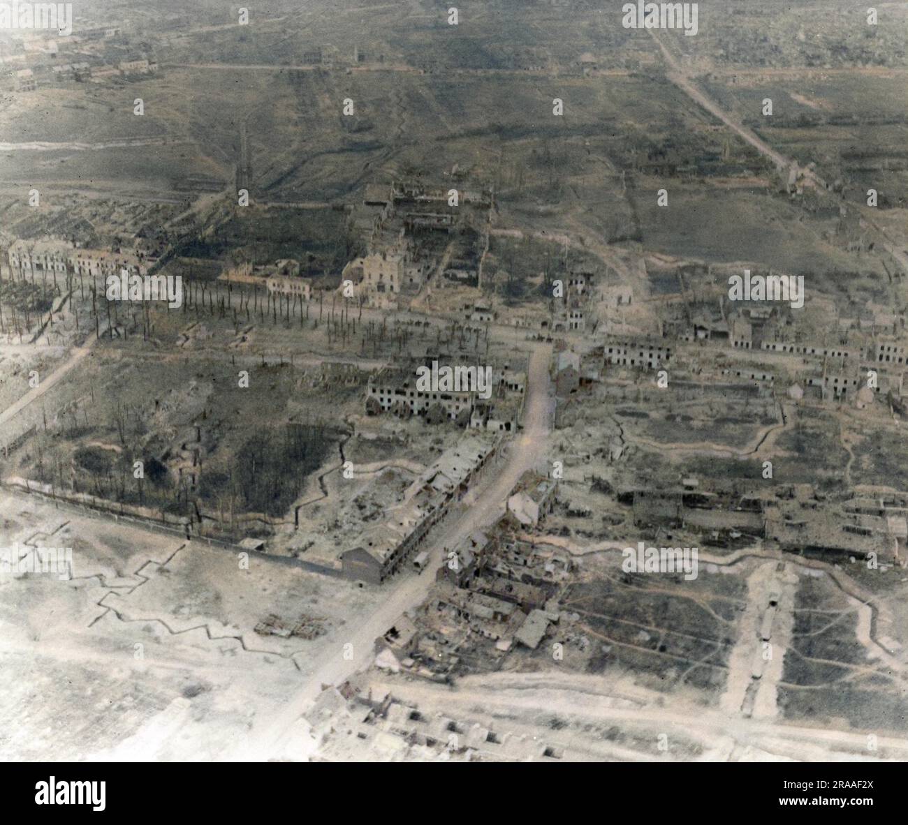 Aerial photograph (Canadian) of the ruined suburbs of Arras in northern France, taken from a kite balloon during the First World War.     Date: Nov-17 Stock Photo