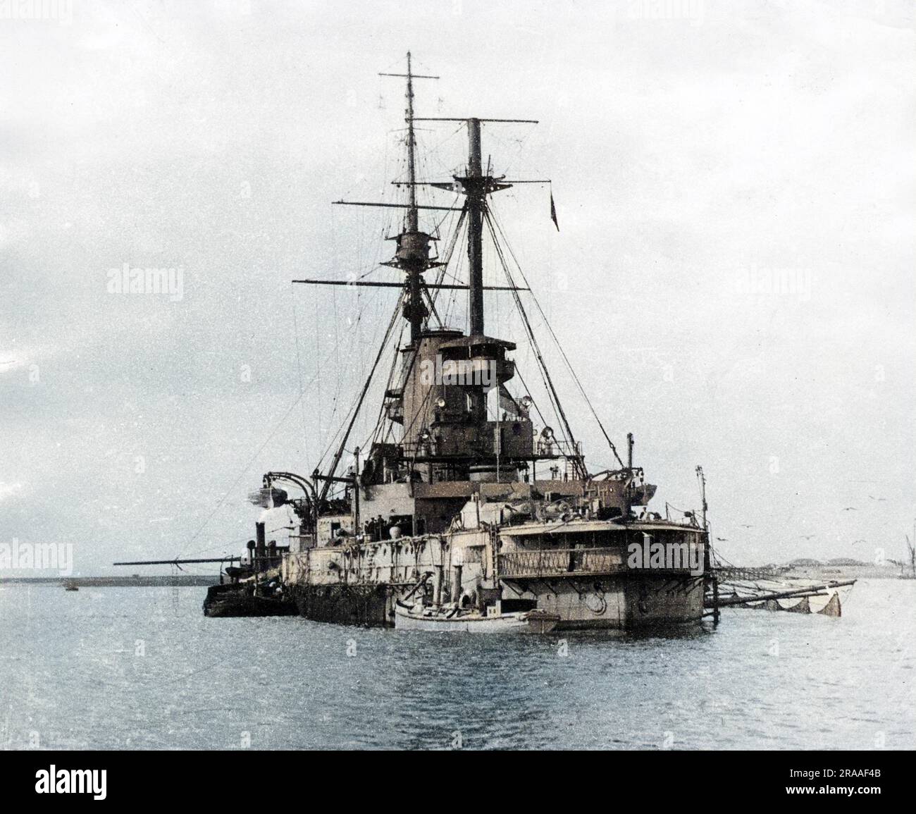 HMS Vengeance, a predreadnought British Canopus-class battleship, launched 1899, served in various locations before and during the First World War, decommissioned 1920. Seen here in Sheerness Harbour, Kent.     Date: 1914 Stock Photo