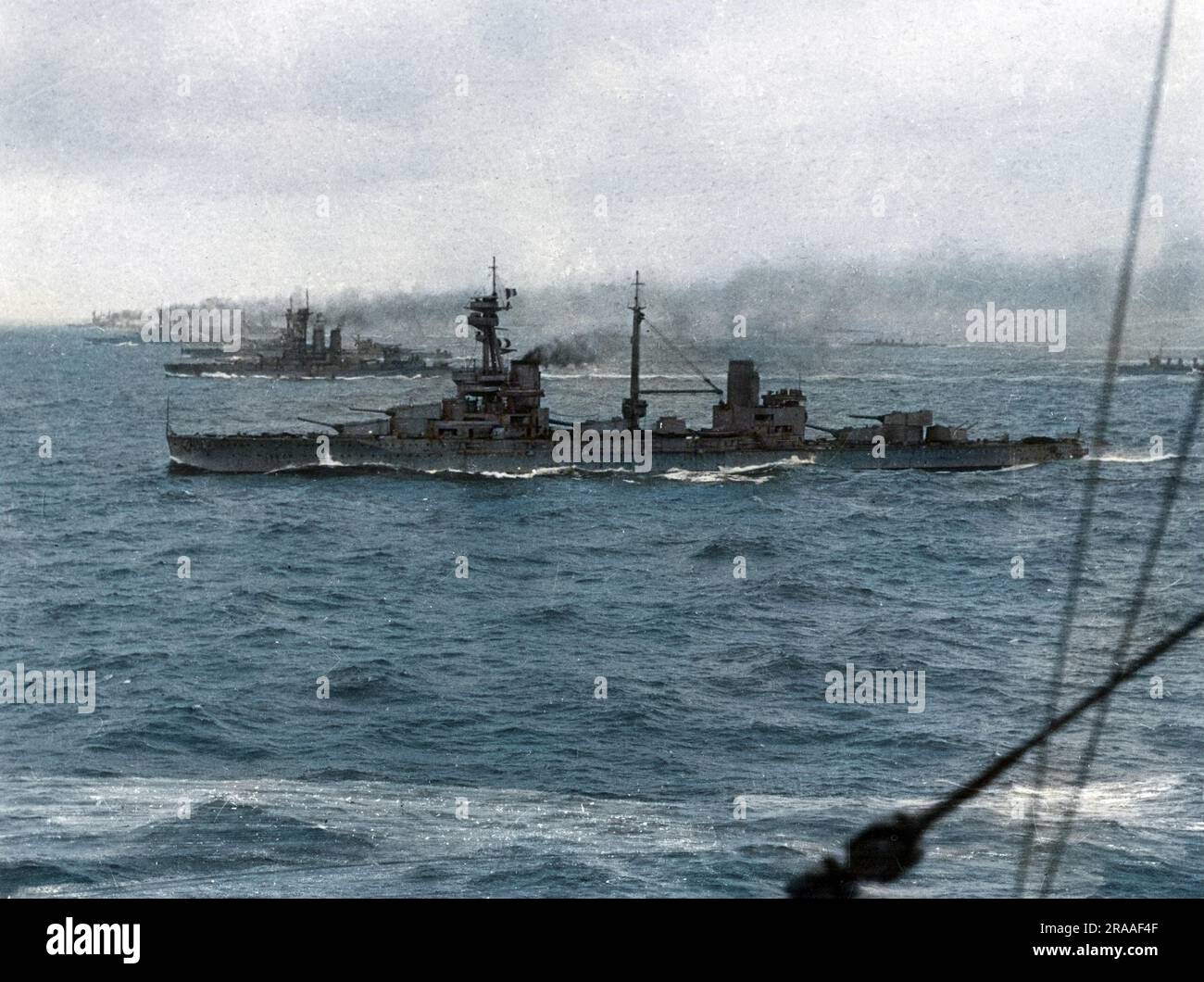 British battleships at sea during the First World War, including HMS Agincourt, a dreadnought, in the foreground.     Date: 1914-1918 Stock Photo