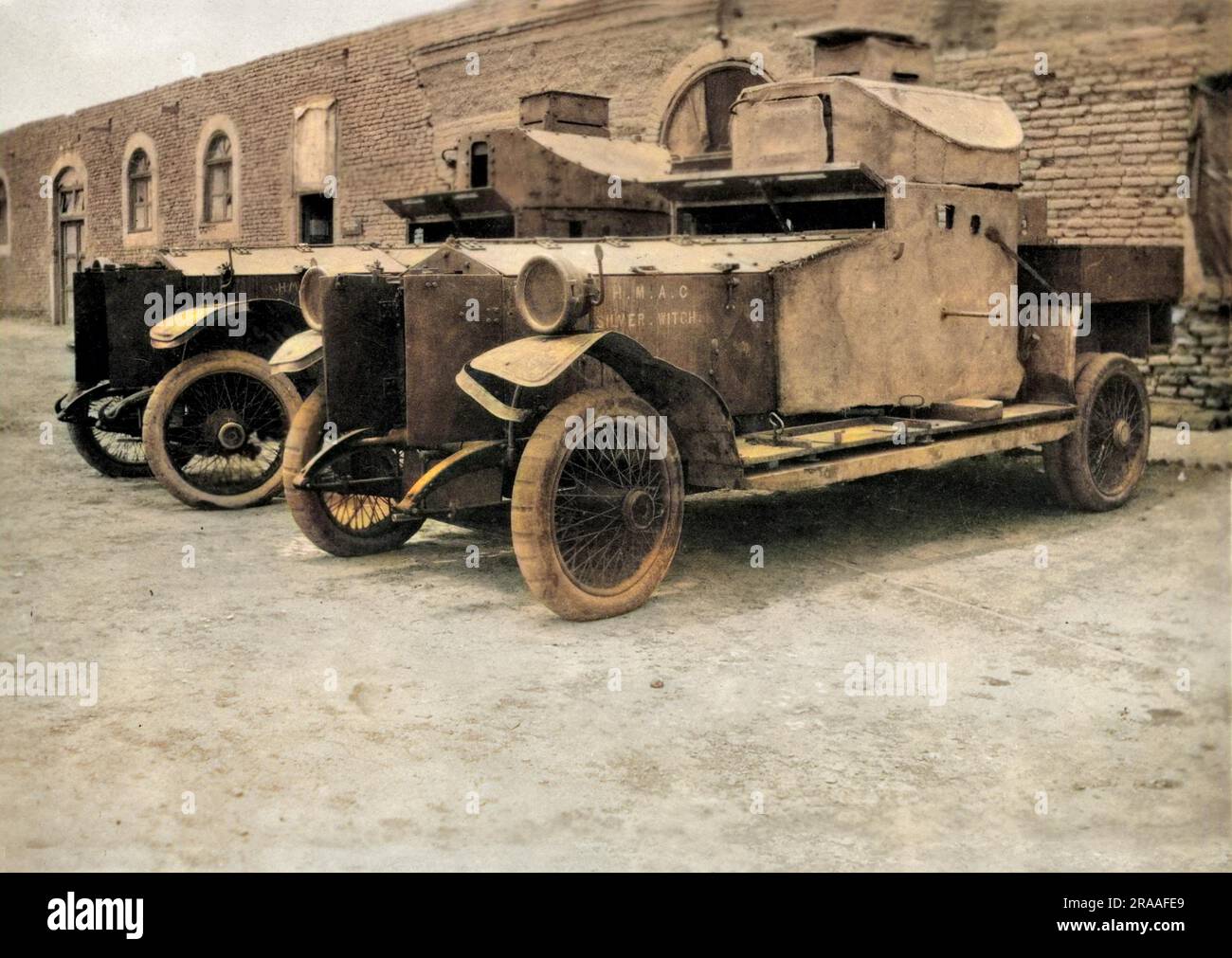 WW1 - Two armour plated army vehicles, labelled HMAC Silver Witch.     Date: circa 1917 Stock Photo