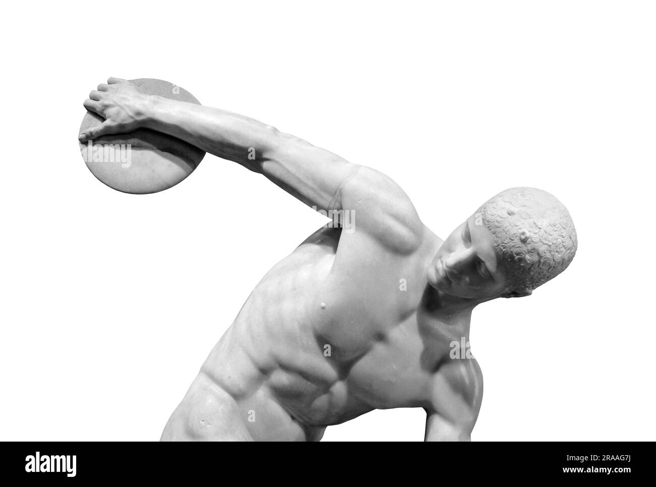 Closeup of ancient Discobolus or Discus Thrower statue isolated