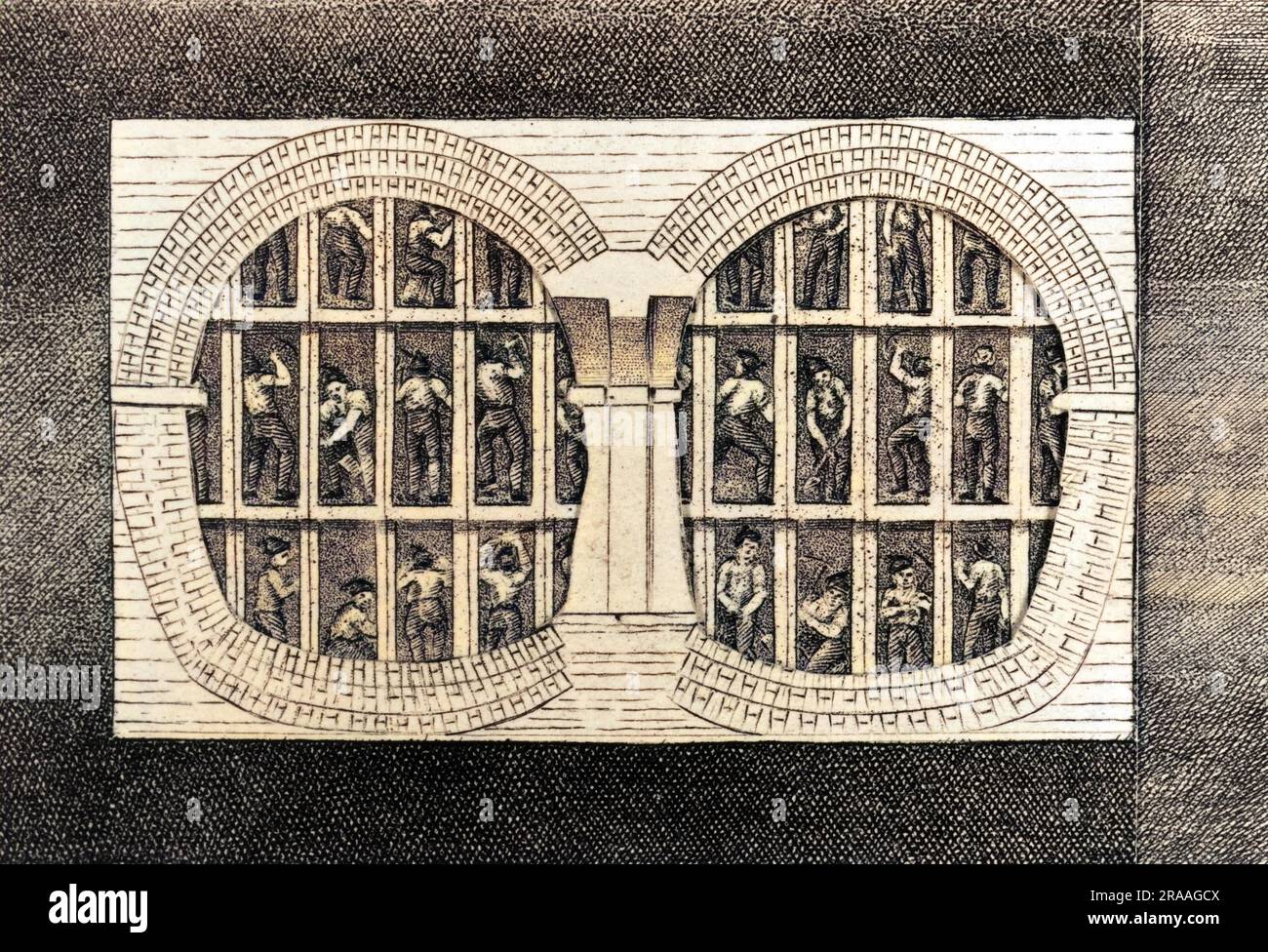 A detailed illustrated cross section of Brunel's Thames Tunnel in London during its construction.     Date: 1838 Stock Photo