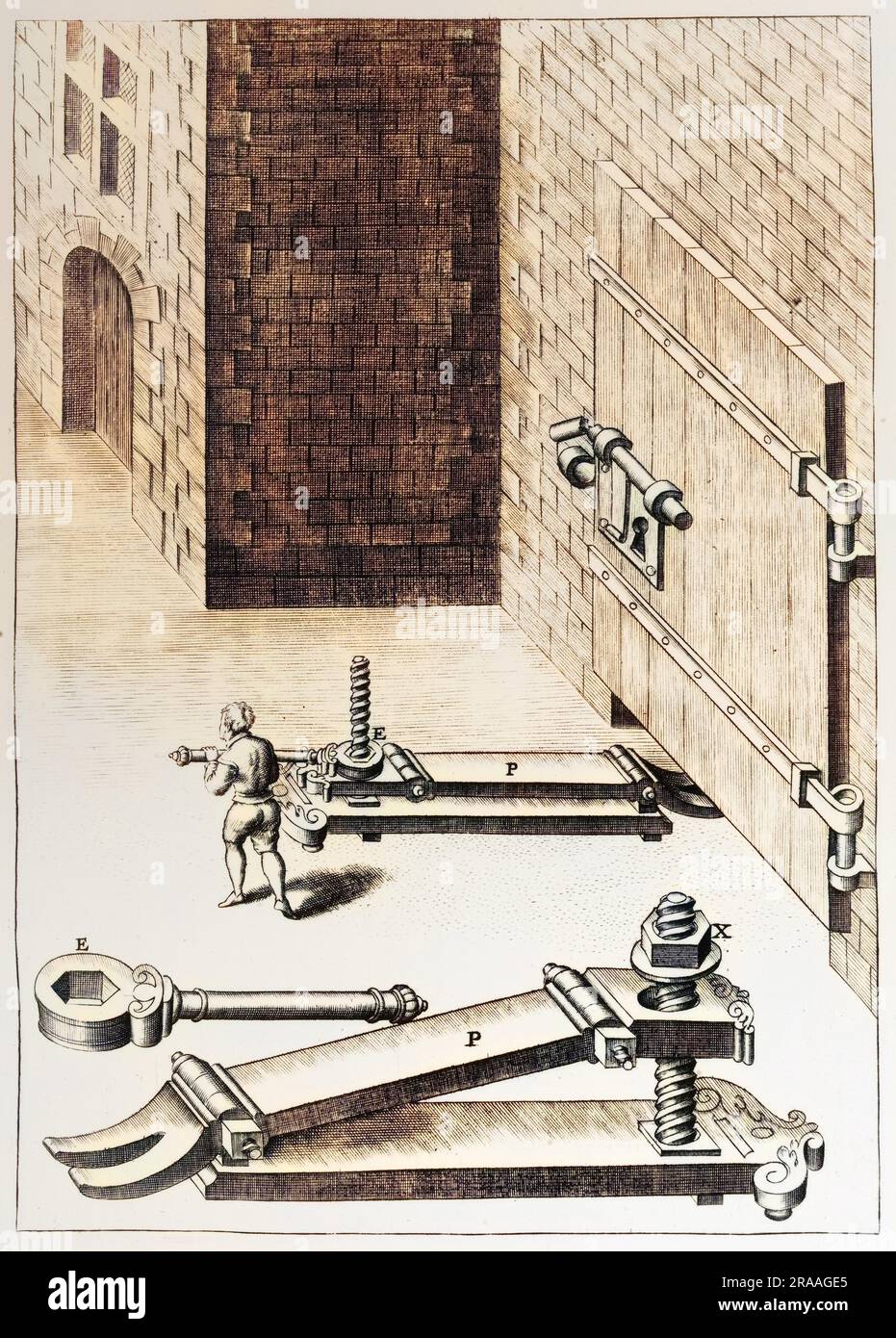 Two detailed drawings of a military siege weapon designed to raise an ememies door of its hinges.     Date: 1588 Stock Photo