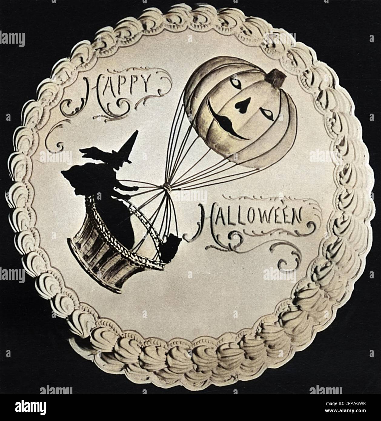 Seasonable Cakes, Halloween Cake. A witch flying in a pumpkin hot air balloon.     Date: 1936 Stock Photo