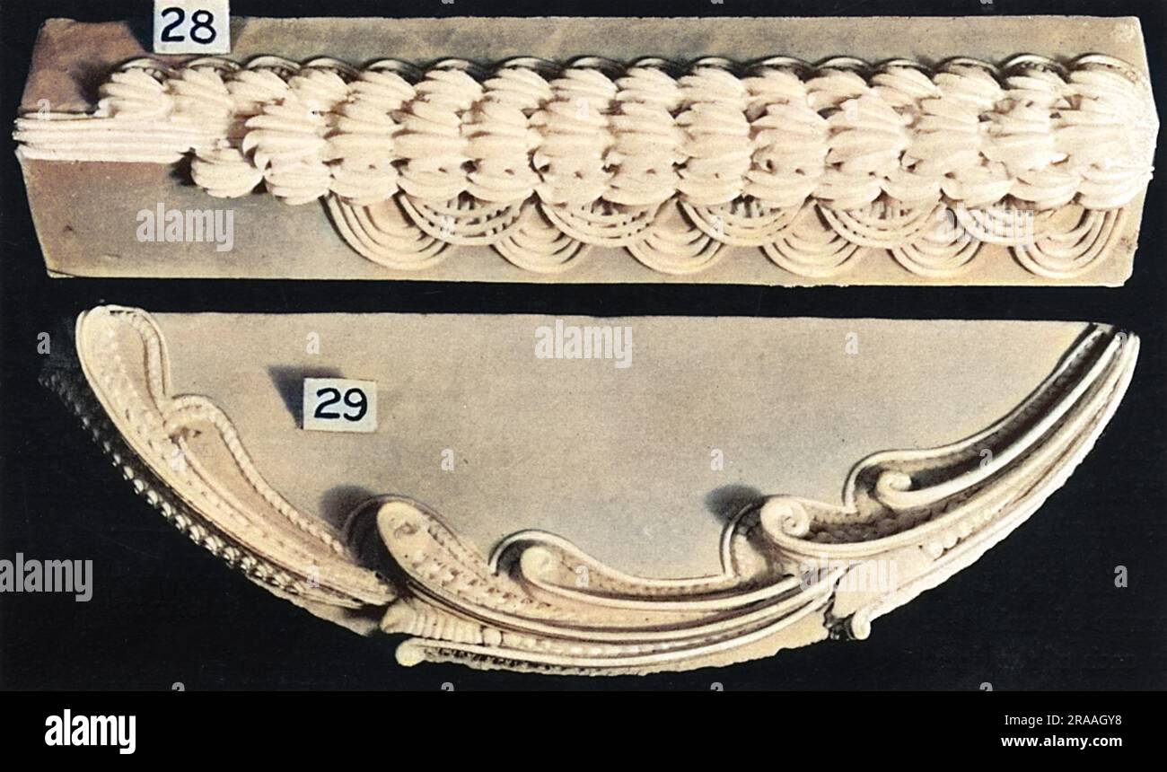 Cake Border and Side Scroll Designs. (28) Three Shell Border with Double Trellis, (29) Long Space Border Scroll     Date: 1936 Stock Photo