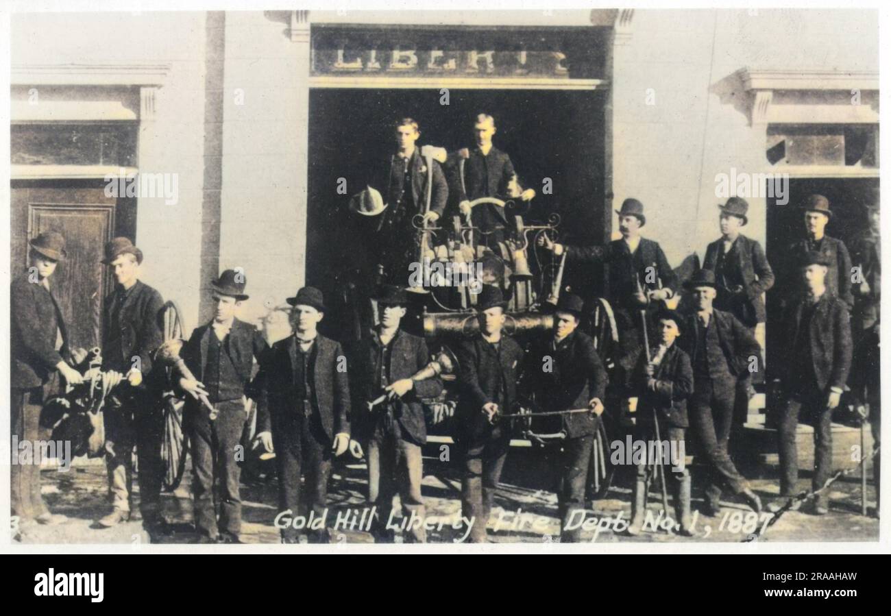 The men of Gold Hill Liberty Fire Dept No. 1, ready to put out any fire in Virginia City, Nevada, USA.     Date: 1887 Stock Photo
