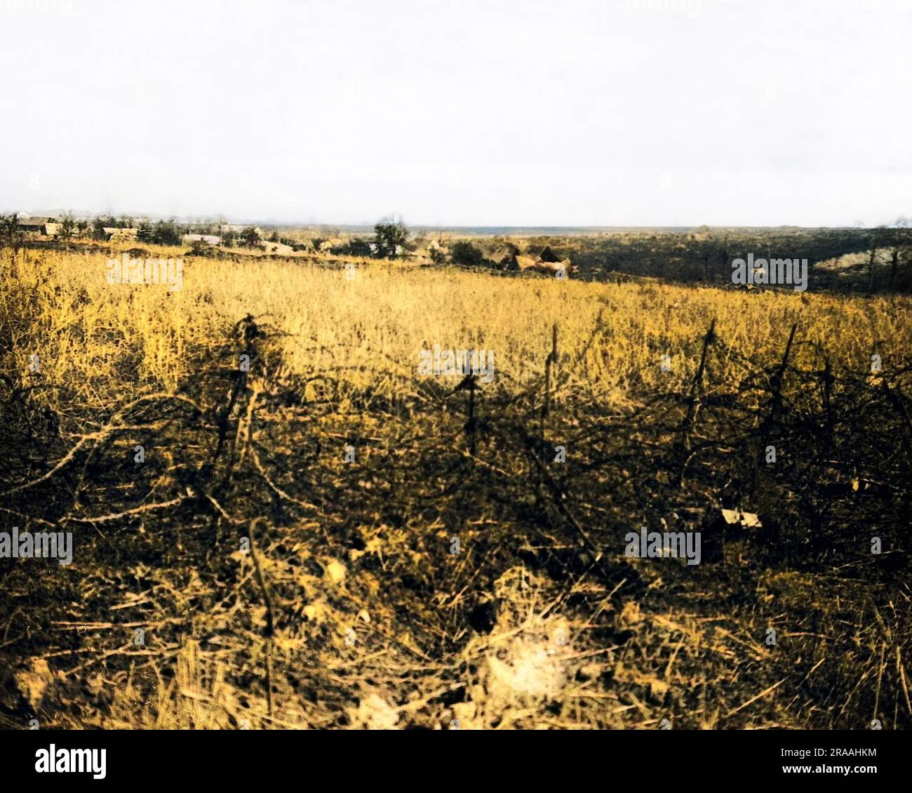 View of Combles on the Western Front in France during World War One, seen from an old German trench.     Date: circa 1916 Stock Photo