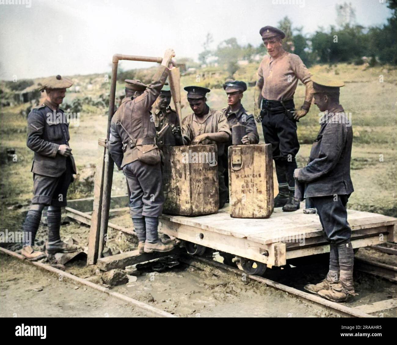 Water supplies for British troops transported via a light railway on the Western Front during World War One.     Date: circa 1916 Stock Photo