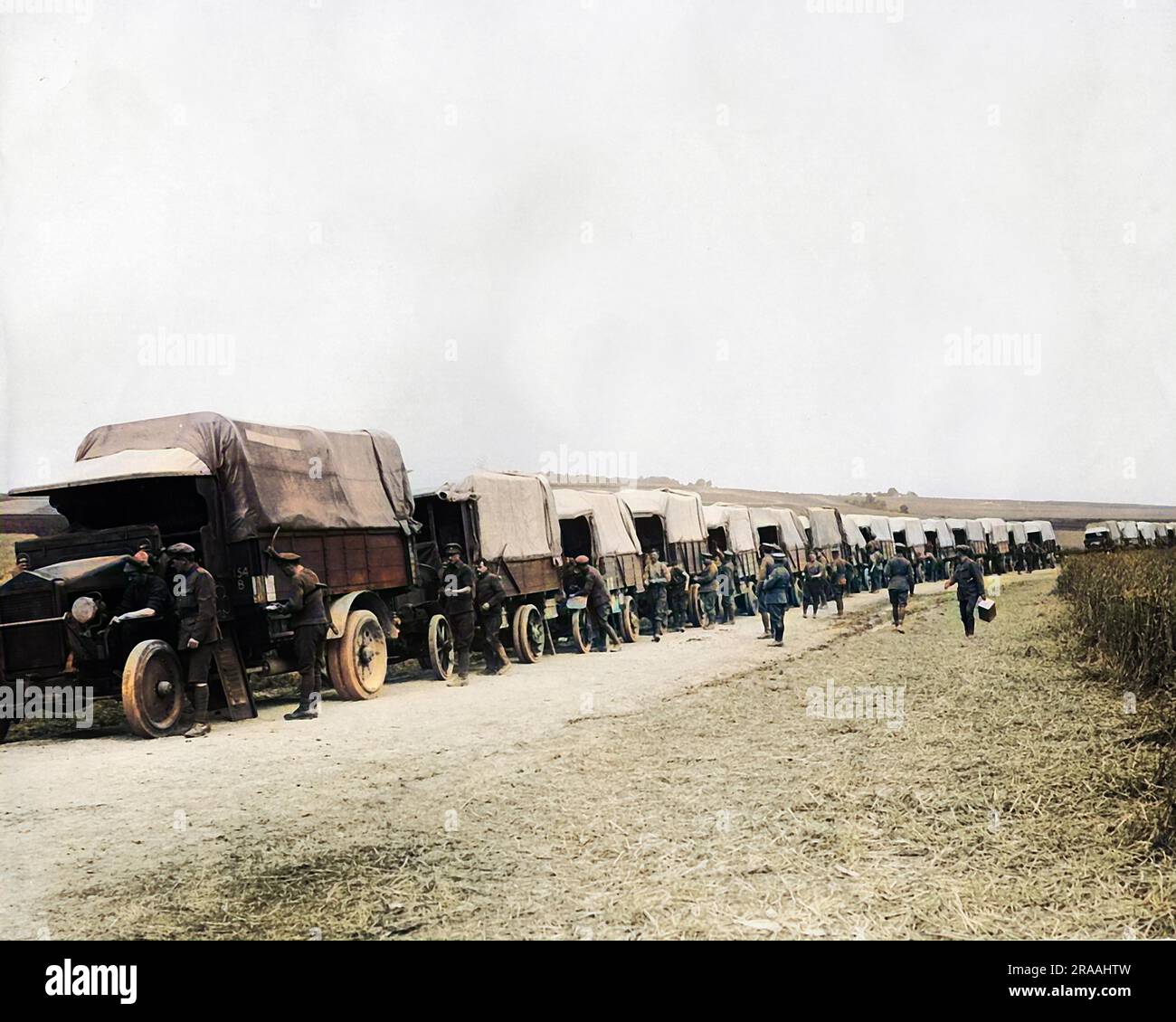 A line of British transport halted on a road on the Western Front during World War One.     Date: circa 1916 Stock Photo