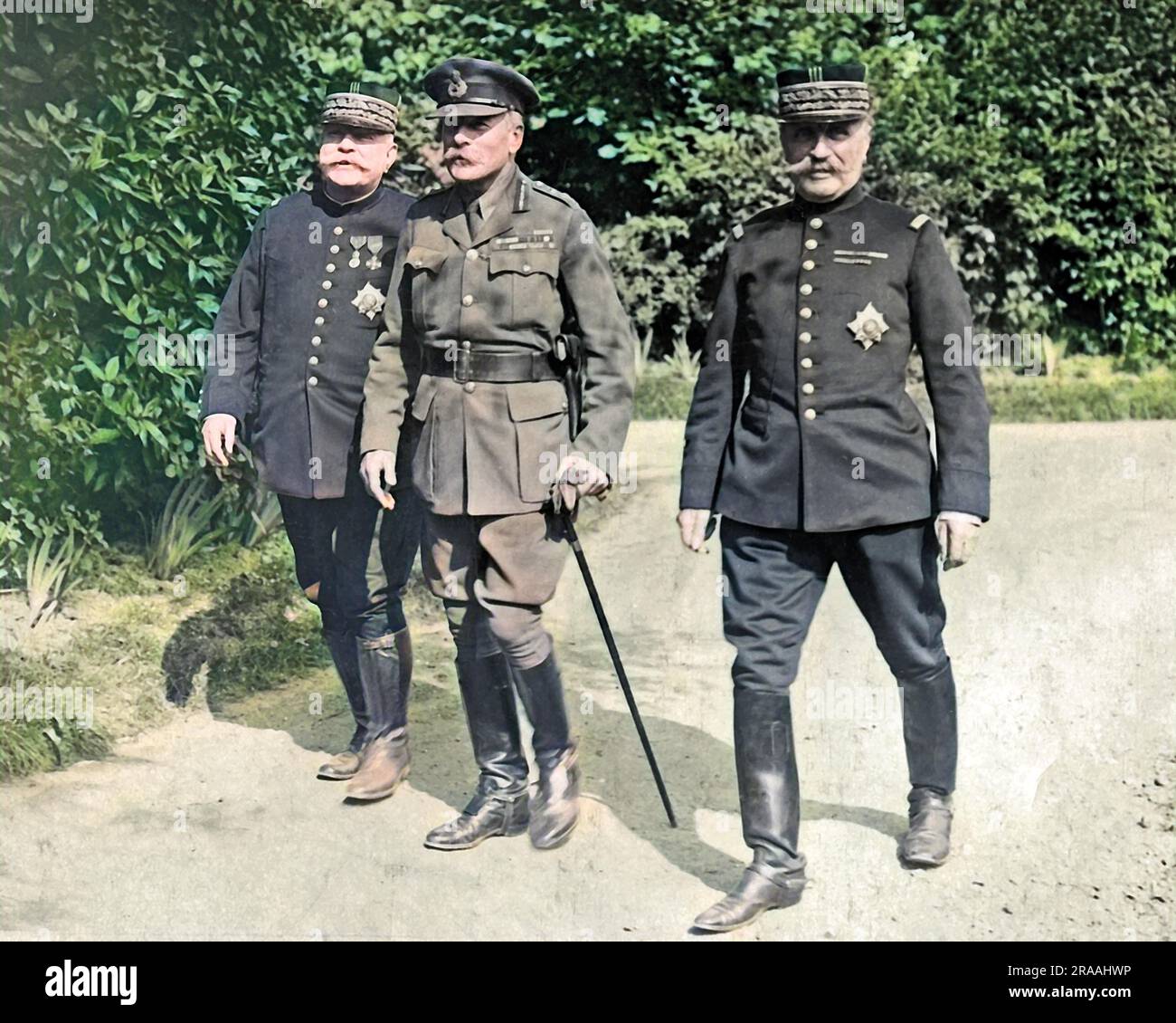 Sir Douglas Haig with French Generals Joffre and Foch, probably at Beauquesne, France, in August 1916 during a visit from King George V, World War One.     Date: circa 1916 Stock Photo