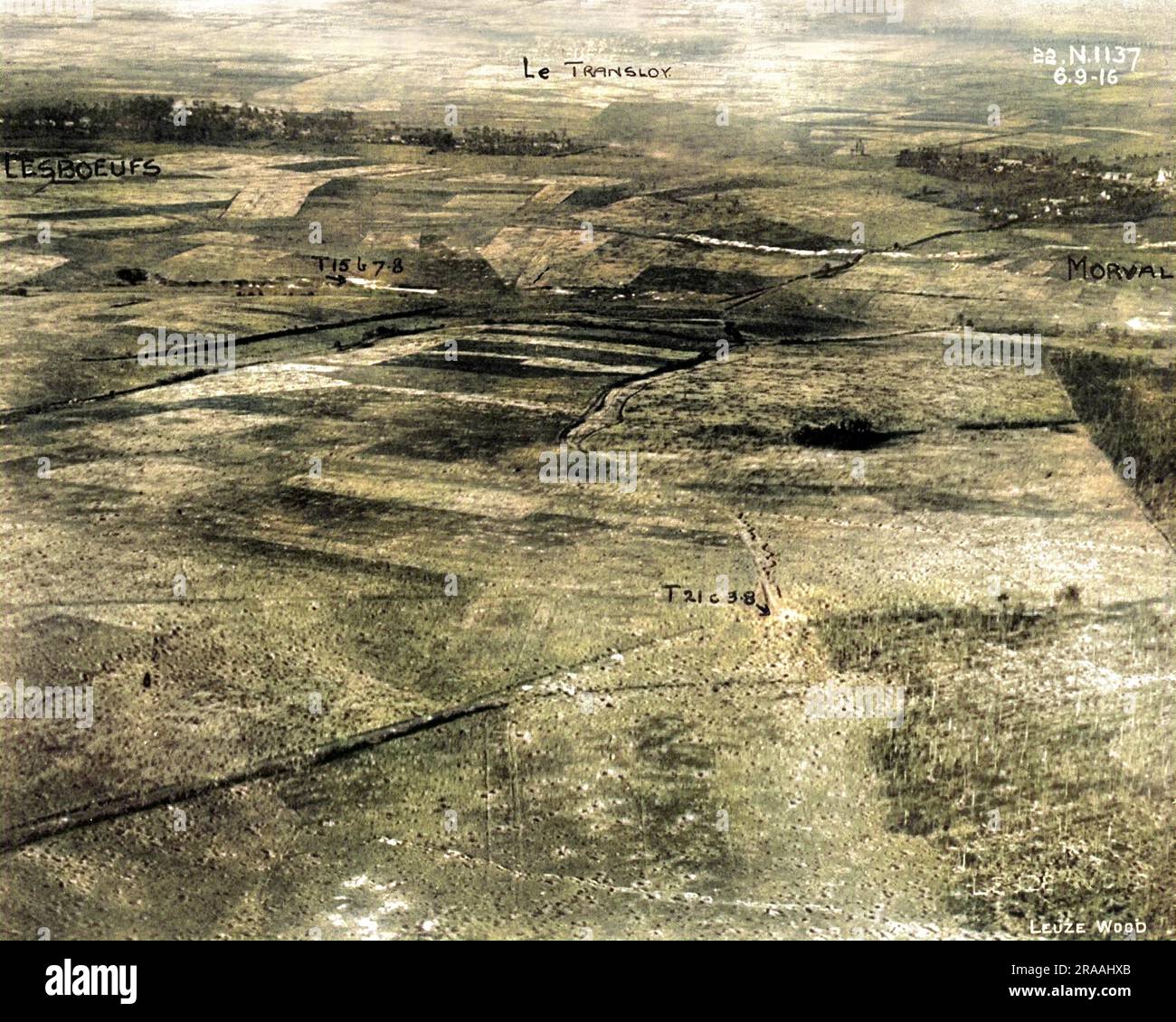 An annotated aerial shot of part of the Western Front in France (Somme) during World War One.  Places named are Lesboeufs, Le Transloy, Morval and Leuze Wood (nicknamed Lousy Wood by the troops).     Date: 06-Sep-16 Stock Photo