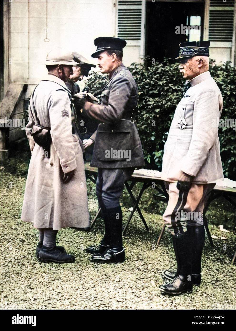 Prince Arthur of Connaught decorating a French sergeant on the Western Front during World War One.  Watching is General Fayolle, Commander of the 6th Army.     Date: circa 1916 Stock Photo