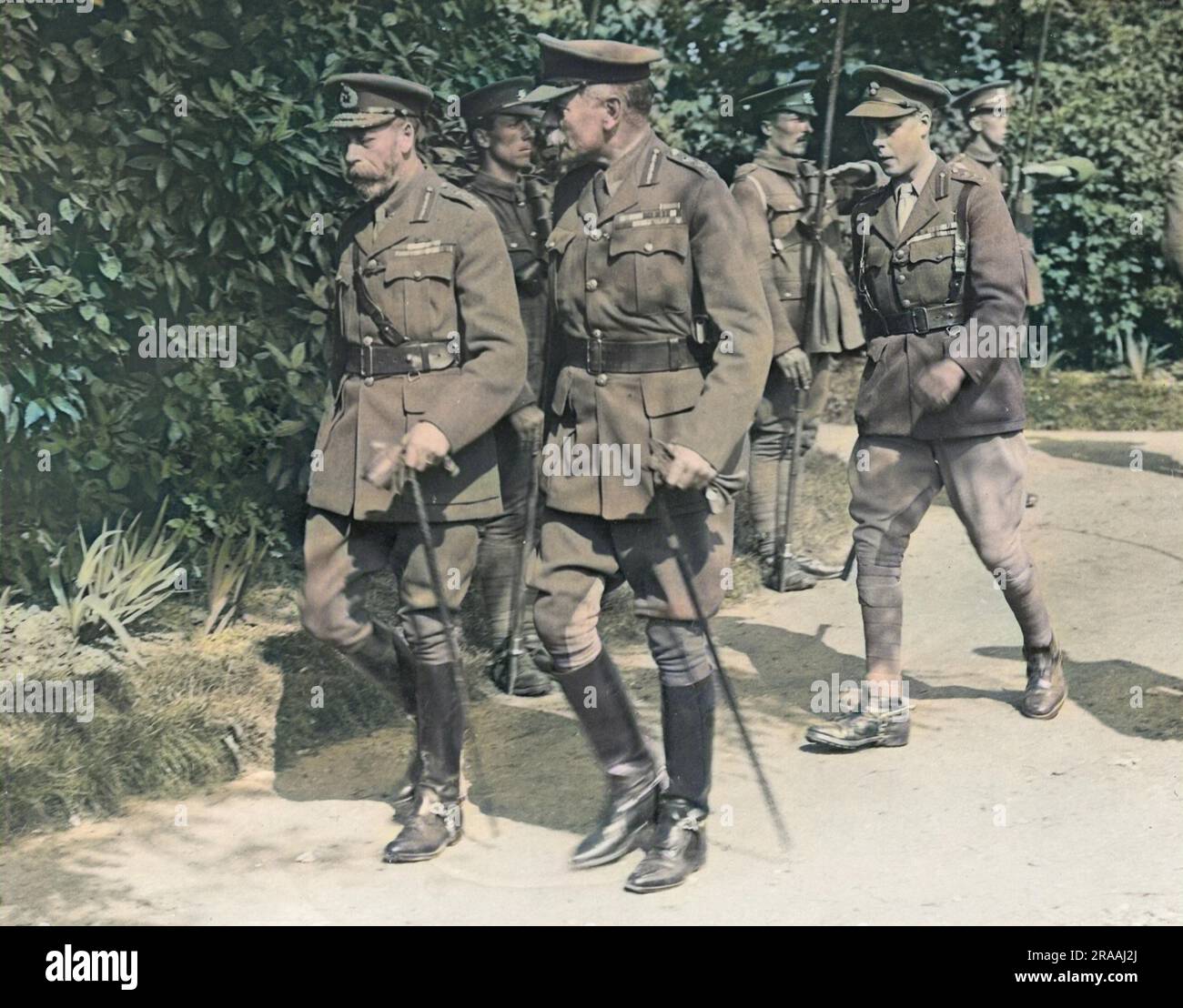 King George V, Sir Douglas Haig and the Prince of Wales (later Edward VIII) on a visit to the Western Front in France during World War One.     Date: circa 1916 Stock Photo