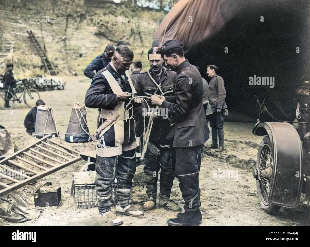 Men of the RFA (Royal Field Artillery) with parachute equipment on the Western Front in France during World War One.  They are responsible for air observation using kite balloons, and when attacked need to make a rapid descent by parachute.     Date: circa 1916 Stock Photo