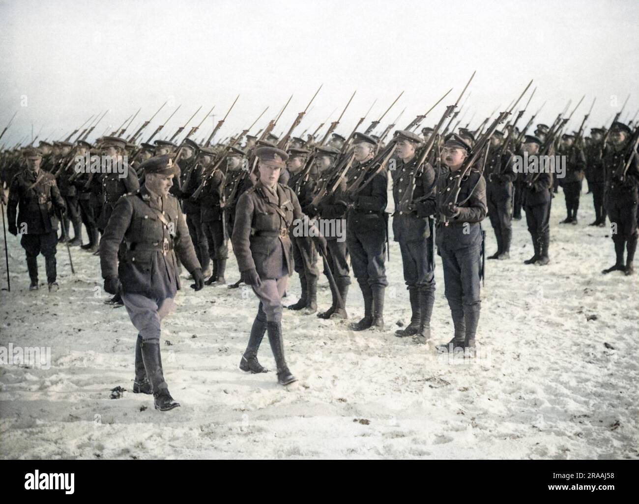 Edward, Prince of Wales (later King Edward VIII) inspecting a battalion on the Western Front in France during World War One.     Date: circa 1916 Stock Photo