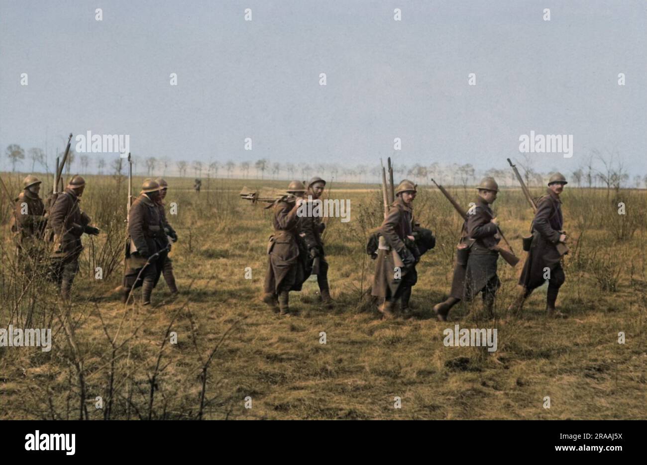 French troops moving up into action on the Western Front in France during World War One.     Date: circa 1916 Stock Photo