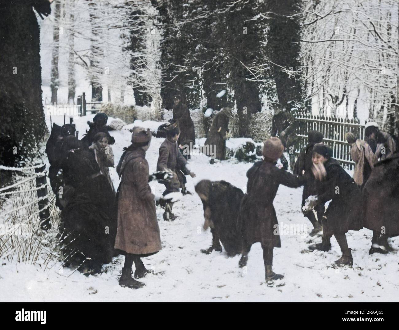 British soldiers and French schoolchildren having fun snowballing on the Western Front in France during World War One.     Date: circa 1916 Stock Photo