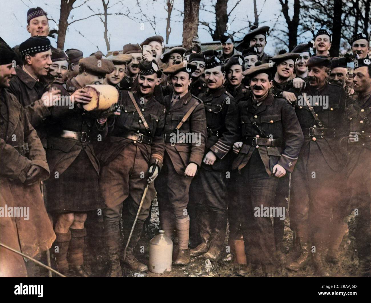A group of Scottish army officers on New Year's Day on the Western Front during World War One.     Date: circa 1916 Stock Photo