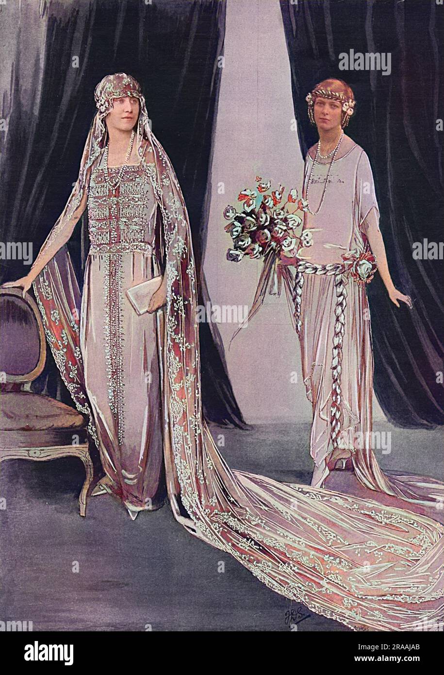 The bridal gown of Lady Elizabeth Bowes-Lyon for her marriage to Prince Albert, Duke of York on 26 April 1923 at Westminster Abbey, designed by Madame Handley Seymour in a medieval style.  The face of Lady Mary Cambridge, one of the bridesmaids, is superimposed onto an example of the bridesmaid dress.     Date: 1923 Stock Photo