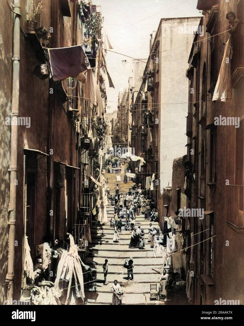 Vicolo del Pallonetto, a narrow street in the historic Santa Lucia district of Naples, Italy.     Date: late 19th century Stock Photo